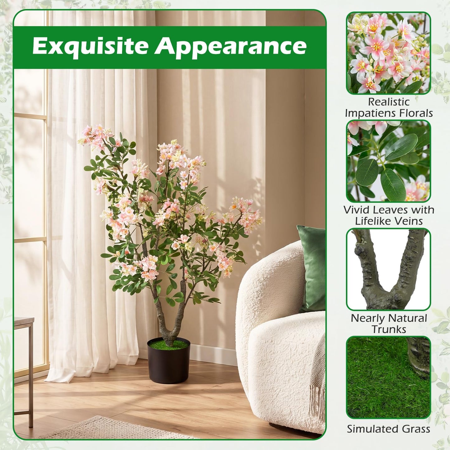 90 CM Artificial Impatiens Blossom Tree Faux Pink Floral Plant in Cement-filled Pot