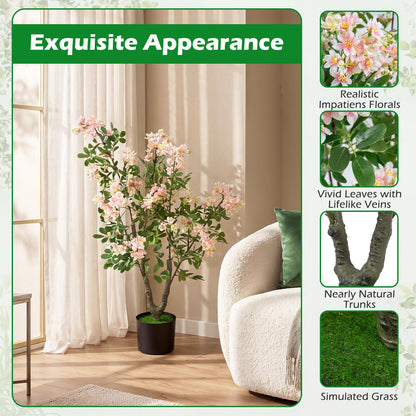 90 CM Artificial Impatiens Blossom Tree Faux Pink Floral Plant in Cement-filled Pot