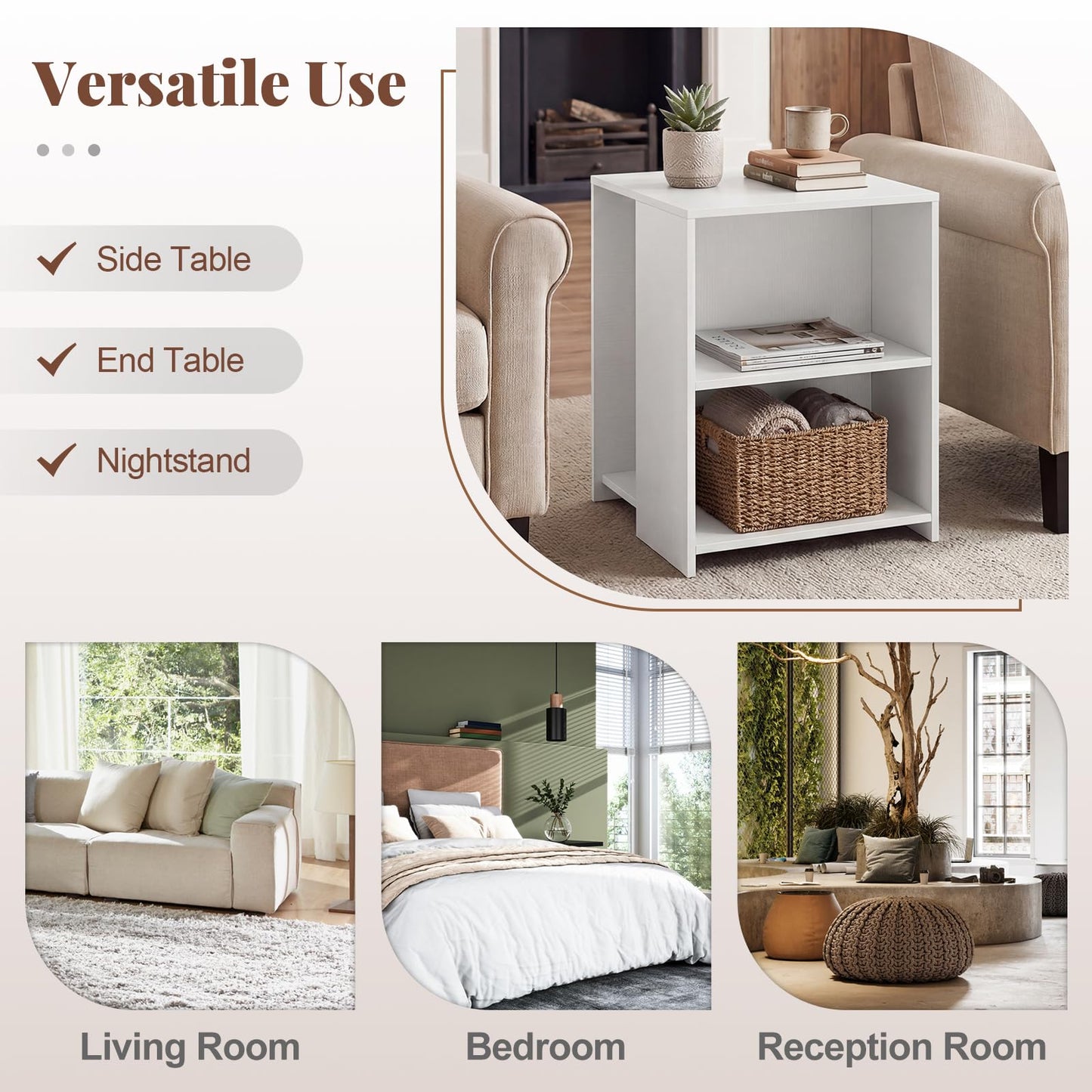 3-Tier Sofa Side Table, Square Nightstand End Table