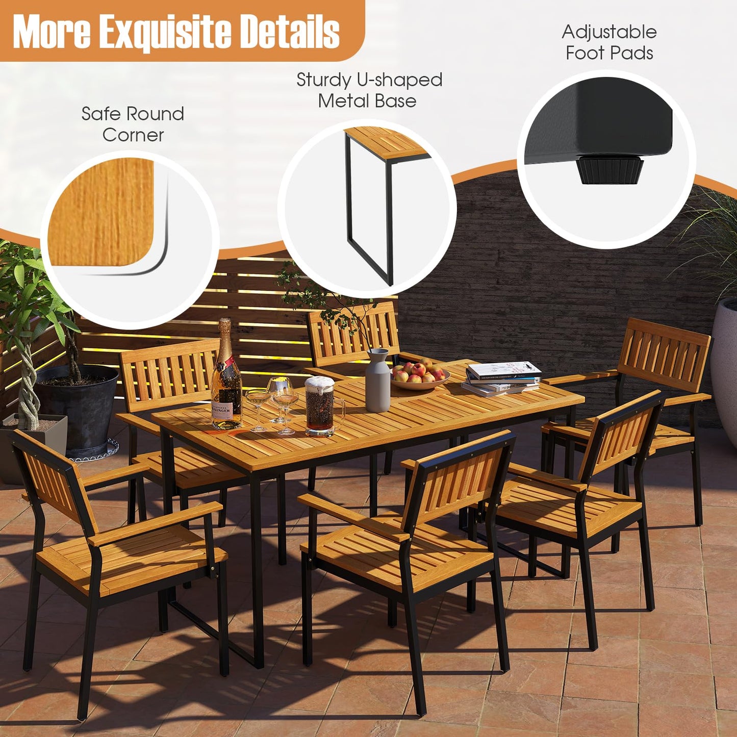 140 x 70cm Acacia Wood Dining Table for 6 People with Slatted Tabletop