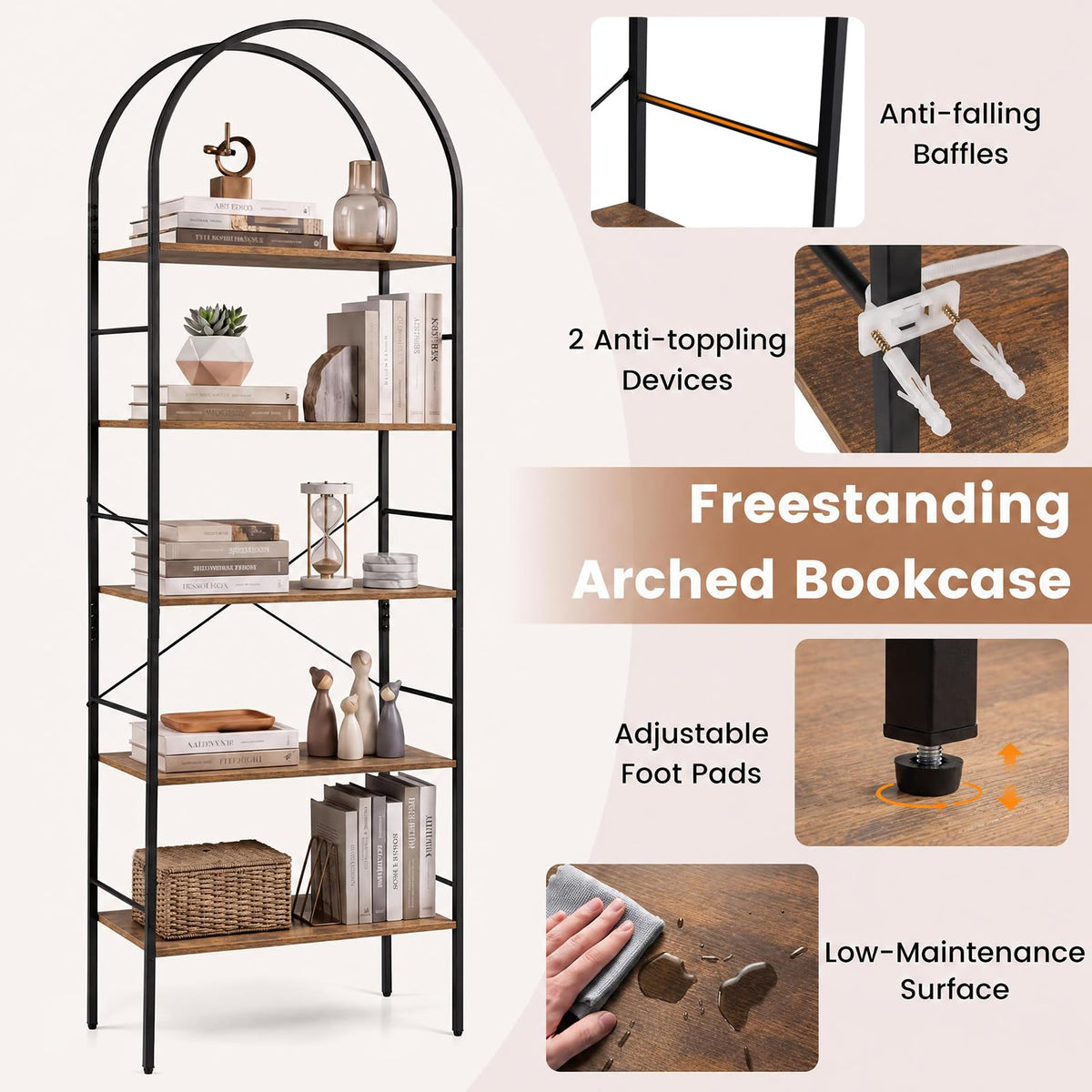 5-Tier Arched Bookshelf, Metal Frame Bookcase Shelving Unit, Freestanding Display Storage Organizer
