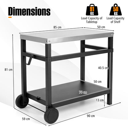 Outdoor Grill Dining Cart, Movable Pizza Oven Table Stand Trolley
