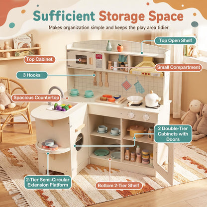 Wooden Play Kitchen with Lights and Sounds for Toddlers Ages 3+