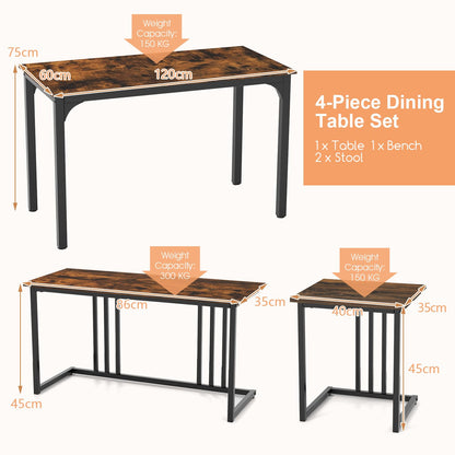 Metal Frame Dining Table and 2 Stool Set with 1 Bench