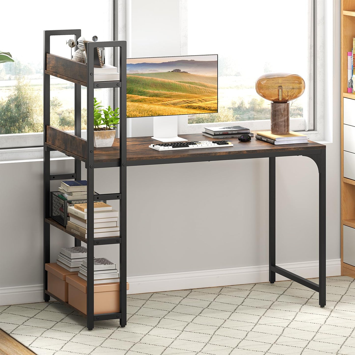Computer Desk with Power Strip 120 CM Study Writing Desk with Bookshelf