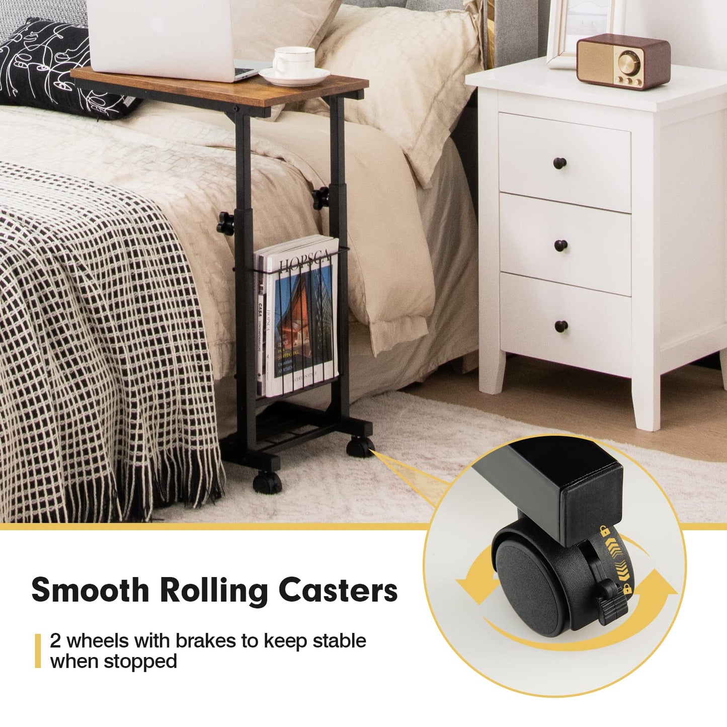 C-shape Adjustable End Table with Storage Basket