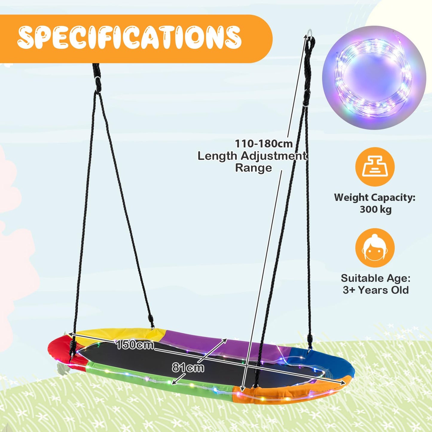 150 cm Saucer Swing with LED Lights and Adjustable Ropes