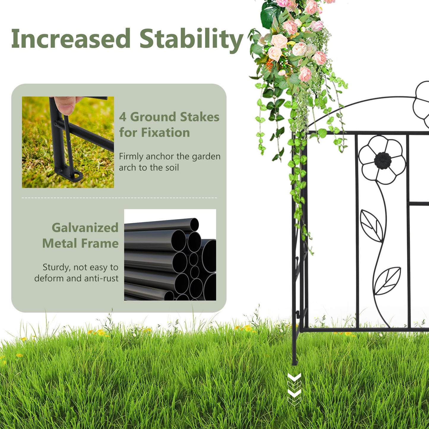 Garden Arch with Gate, Metal Pergola Arbor Trellis for Climbing Plant Rose Vines