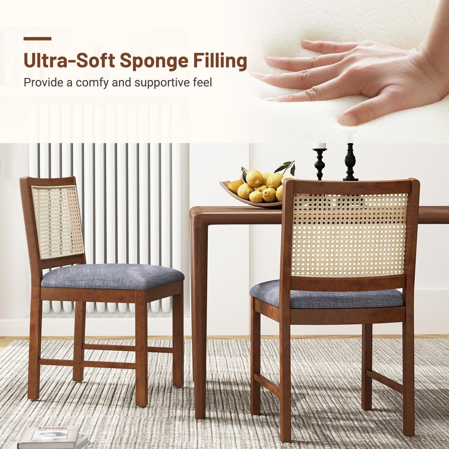 Rattan Dining Chair Set of 2 with Rubber Wood Frame and Linen Fabric Padded