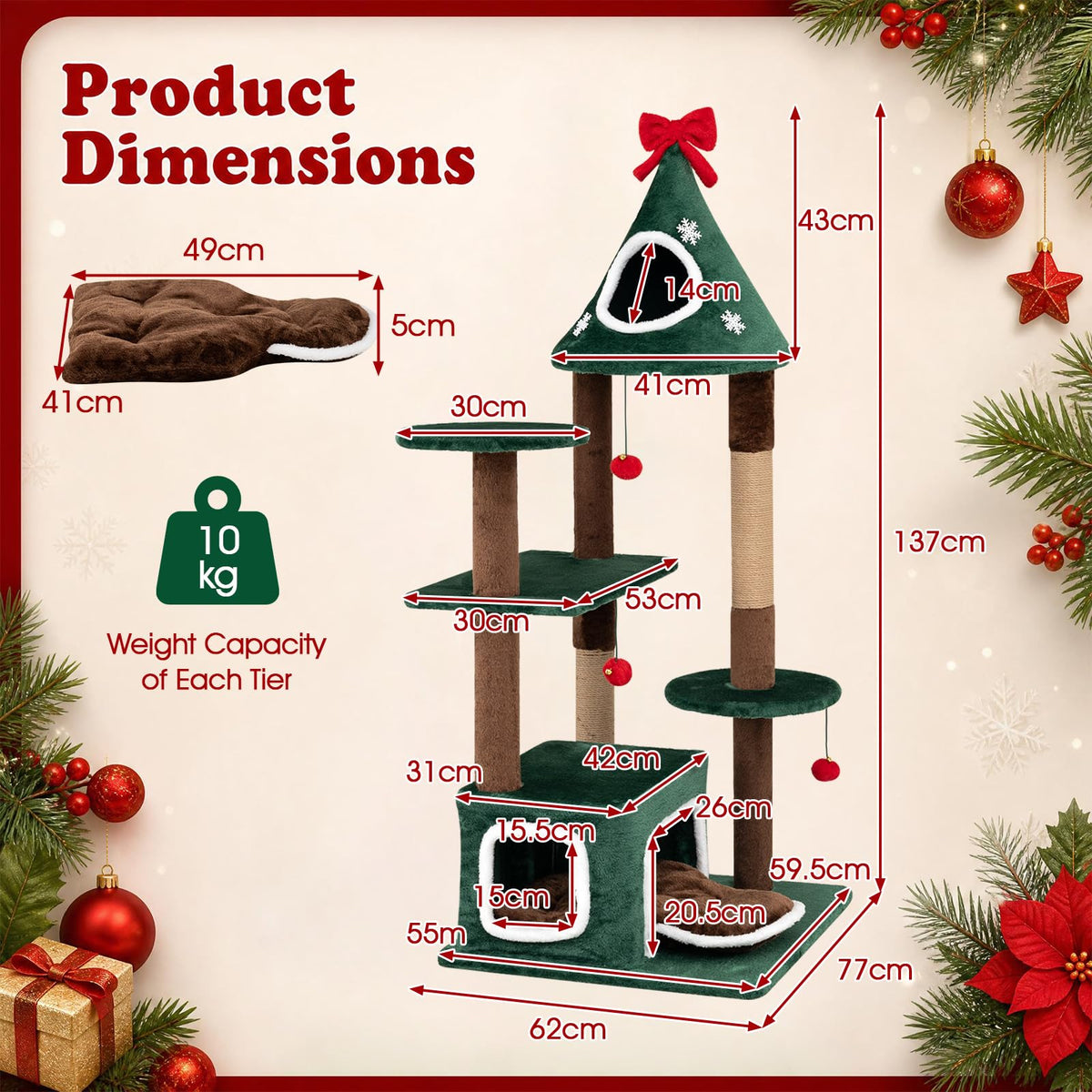 137 cm Christmas Cat Tree with 2 Condos & Removable Cushion