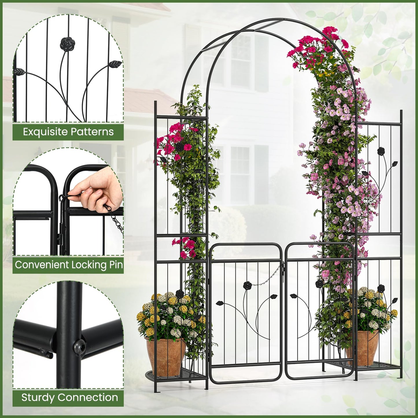 Garden Arch with Gate, Heavy Duty Plants Support Archway for Lawn Backyard Party