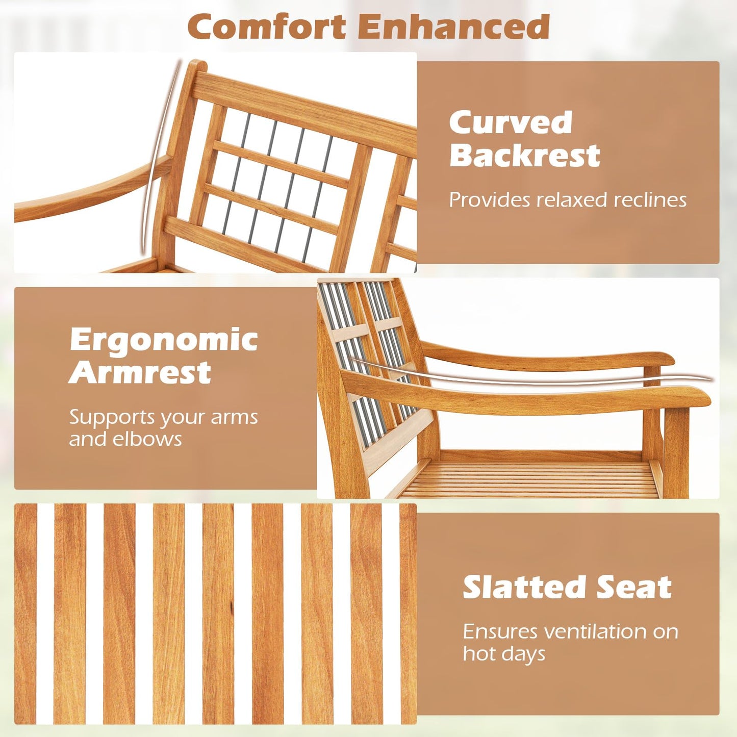 Patio Acacia Wood Bench Wooden 2 Person Outside Chair
