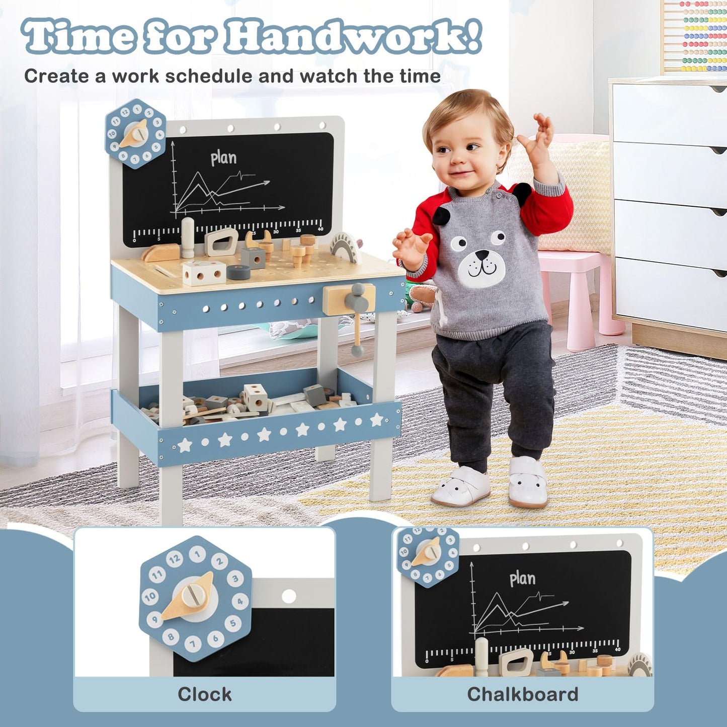 Kids Wooden Play Workbench with Blackboard and Tool Parts Set