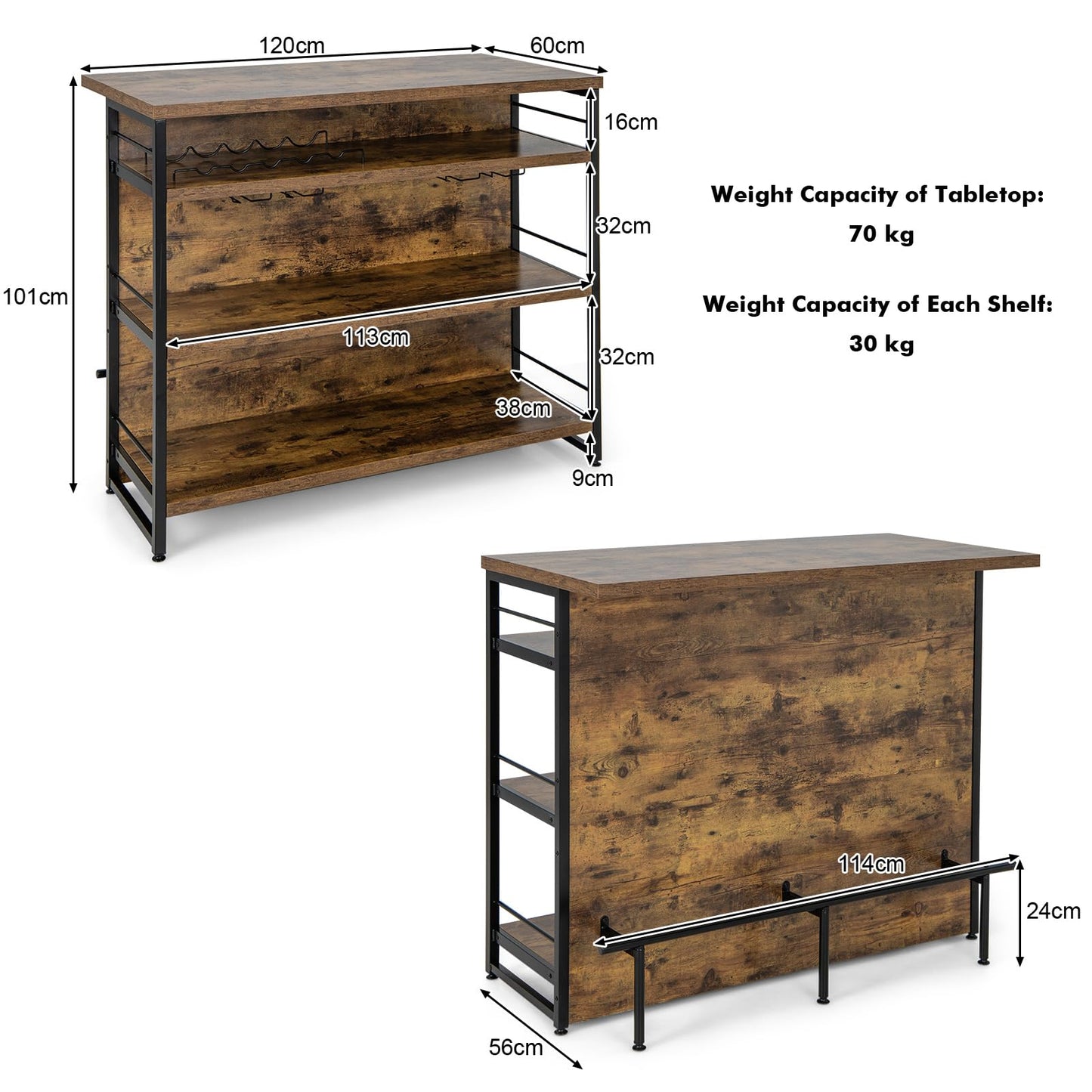 2 in 1 Industrial 4-Tier Bar Table with Storage Shelves