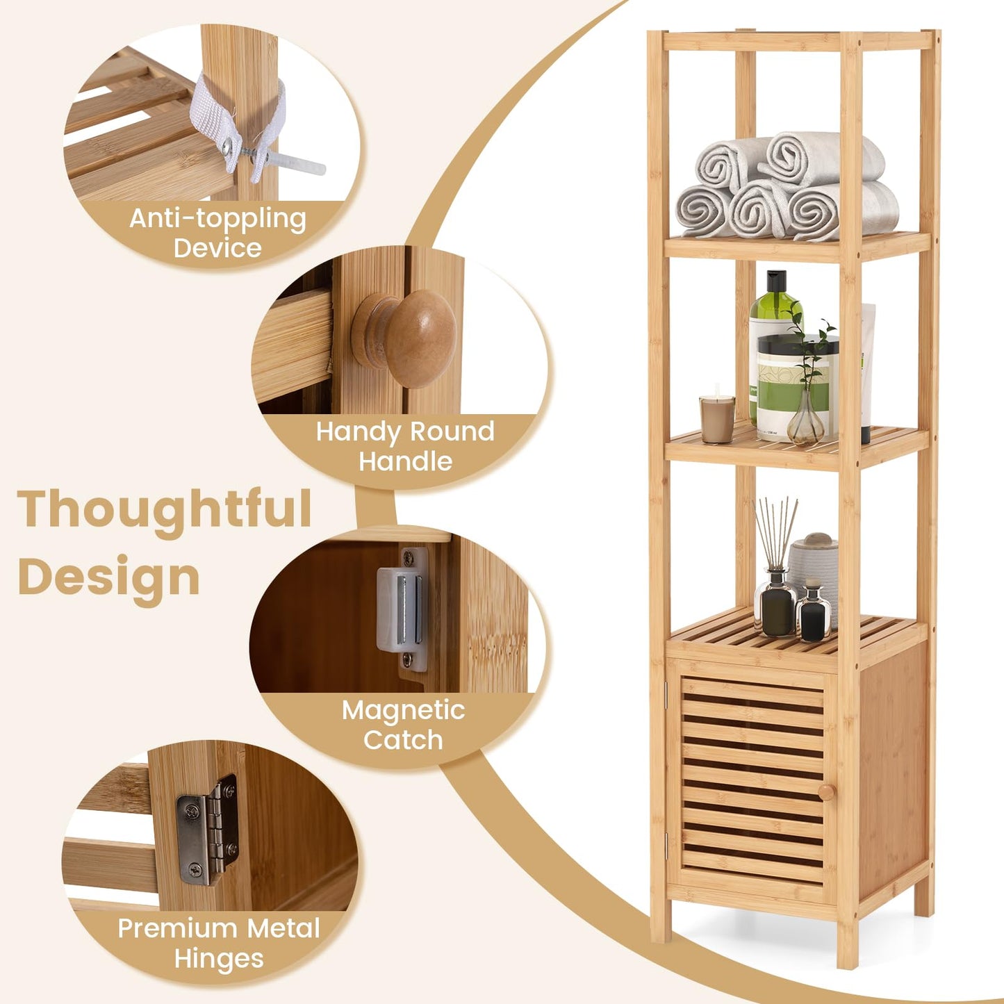 Freestanding Storage Cupboard with Shuttered Door and Open Shelves