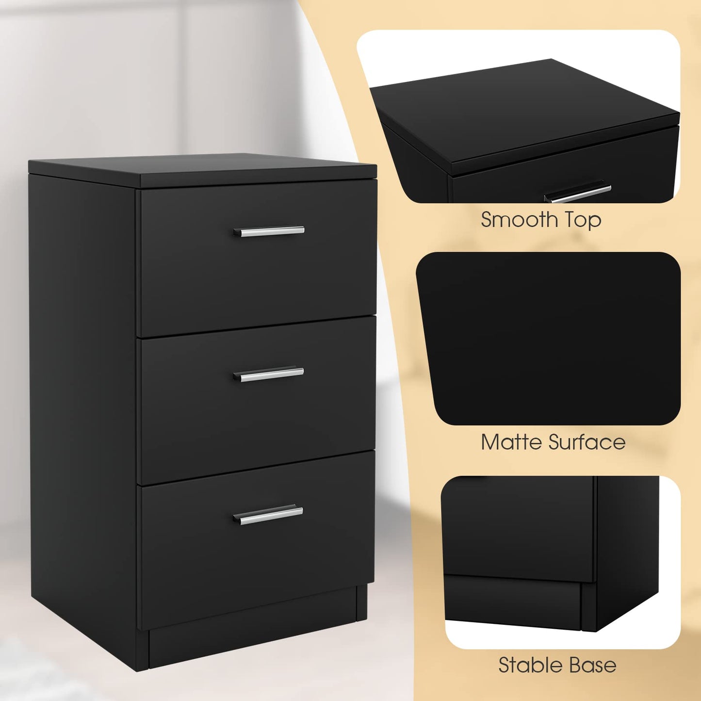 Space-saving Night Chest with 3 Drawers and Handles for Bedroom