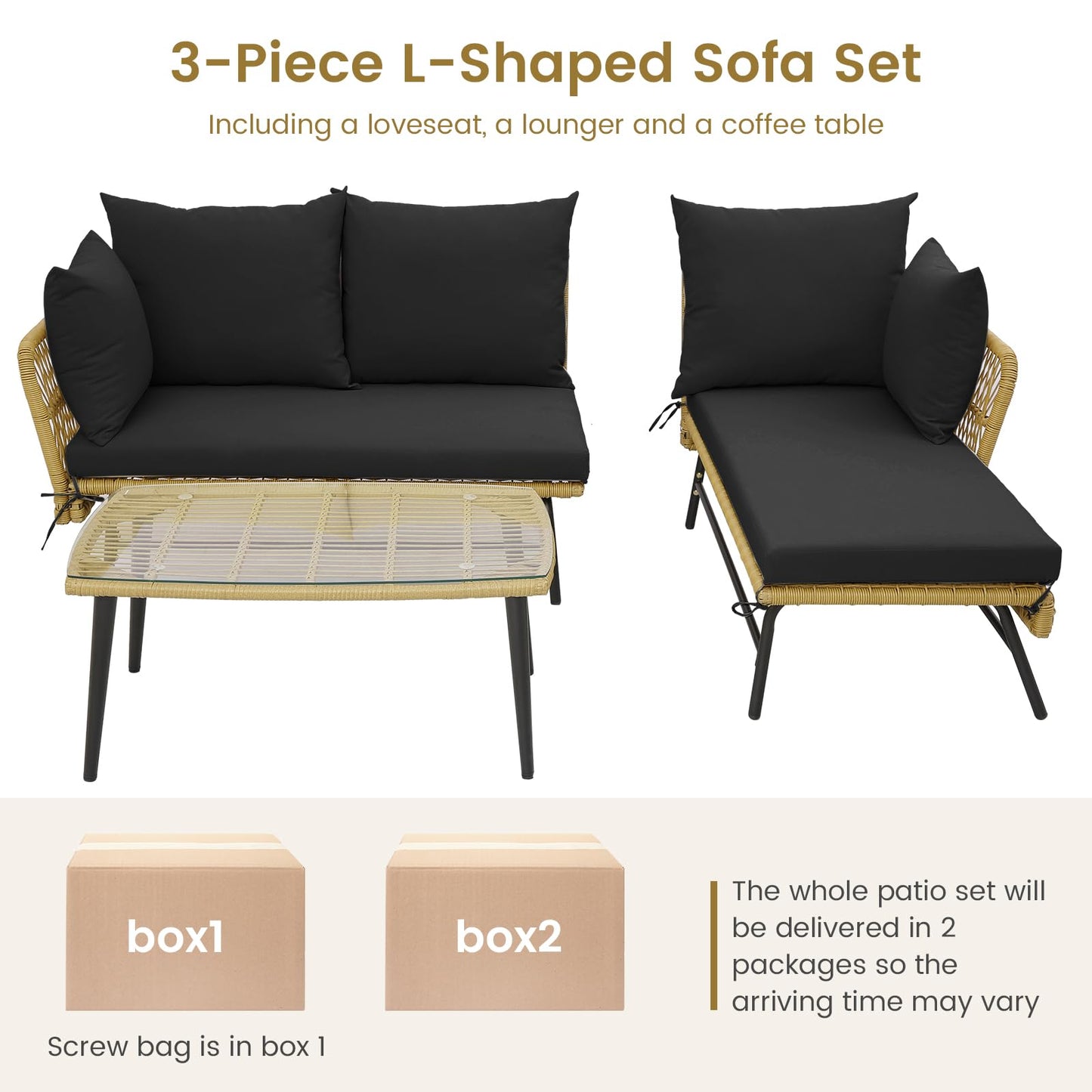 3 Pieces L Shaped Patio Conversation Set with Cushions & Tempered Glass Table