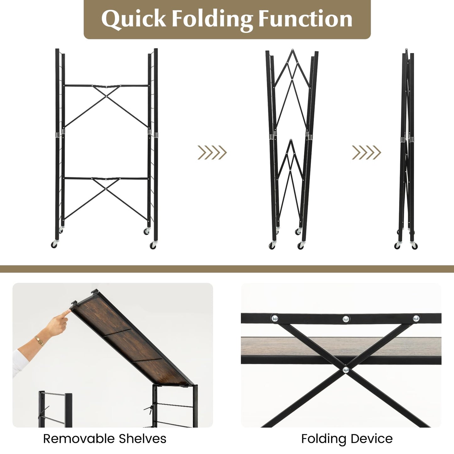 GiantexUK 3/4/5-Tier Storage Cart, Foldable Metal Frame Shelving Unit with Wheels, Adjustable Shelves & Anti-Tipping Device