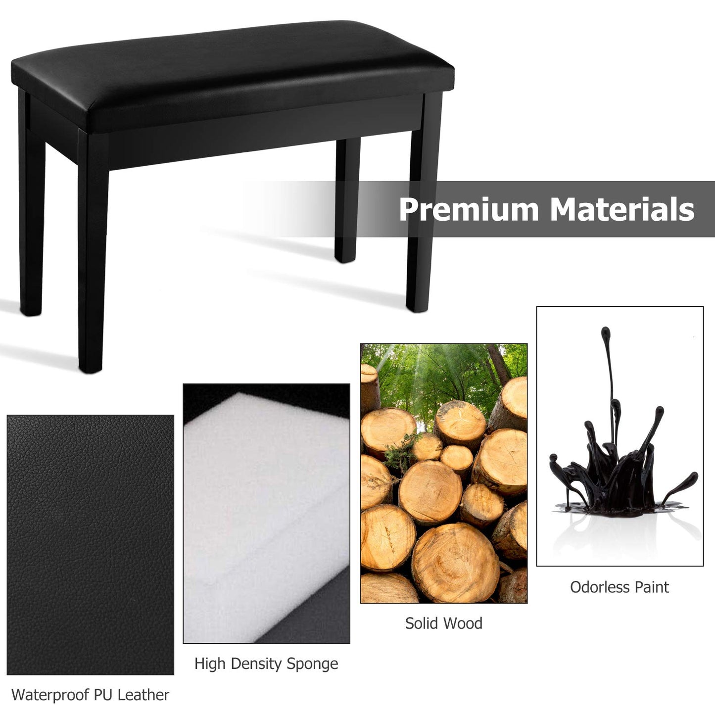 Leather Piano Bench with Storage Compartment and Wooden Legs