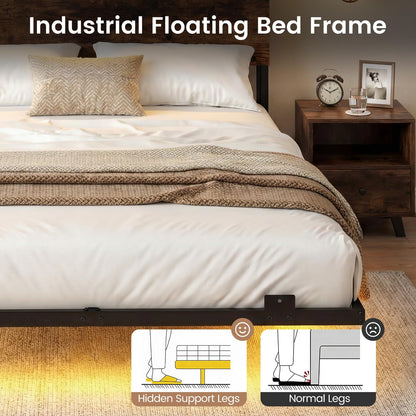 King Size Bed Frame with LED Lights and Charging Station