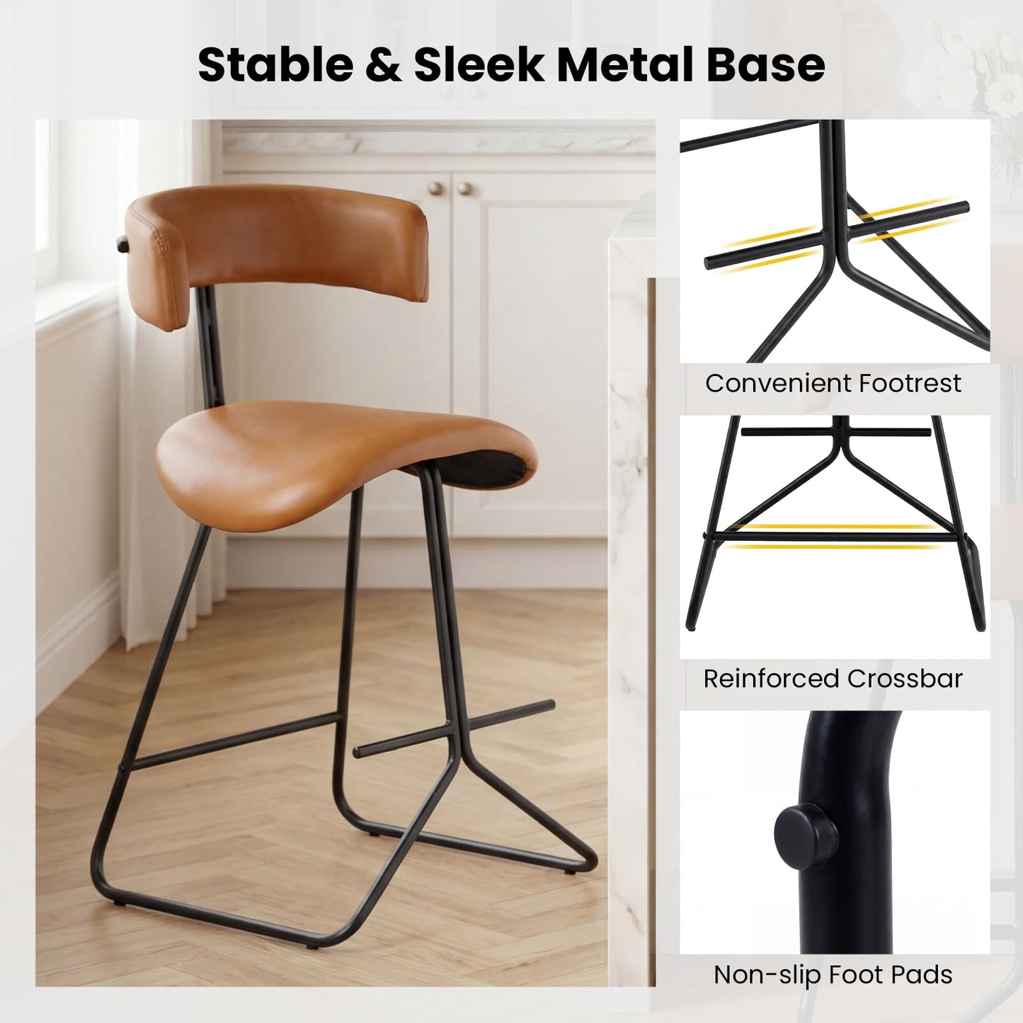 Bar Stools Set of 2, Fabric/PU Leather Upholstered Bar Chairs with Curved Back