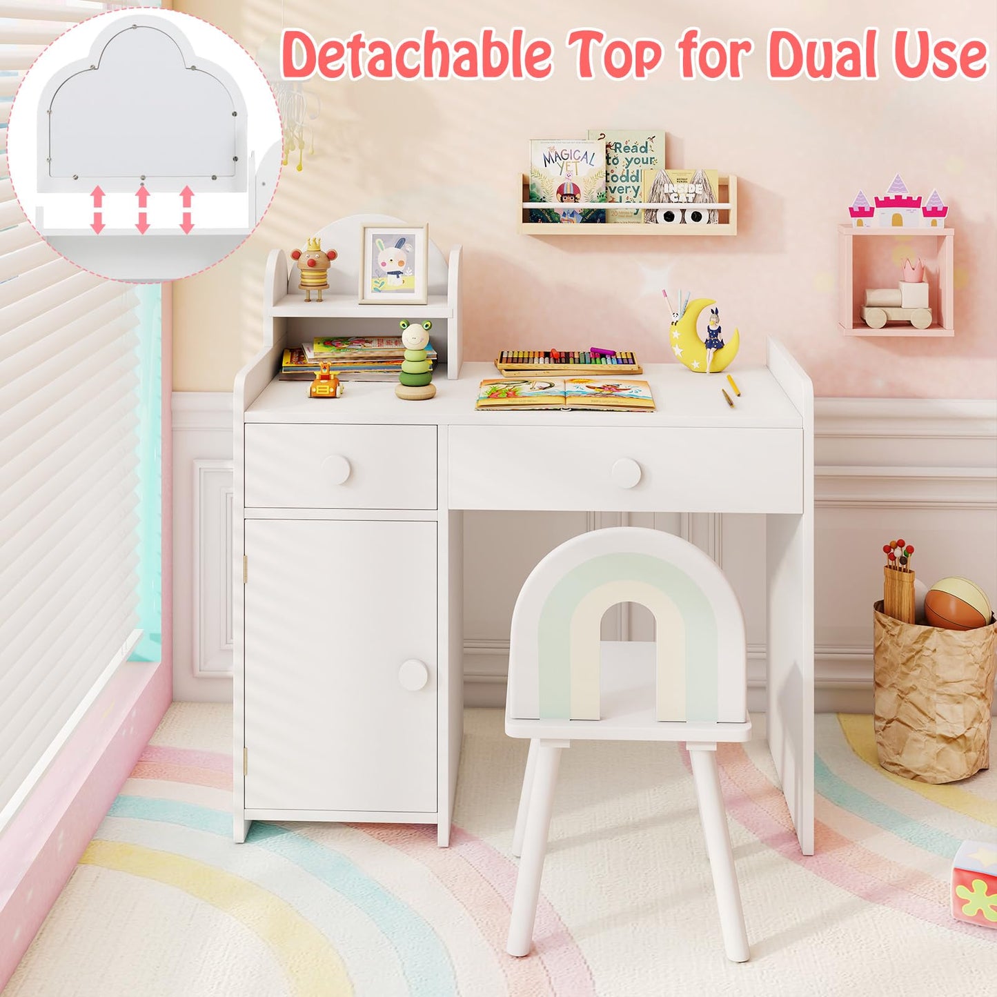 Kids Vanity Table and Chair Set with Cloud-shaped Mirror and Shelf Drawers
