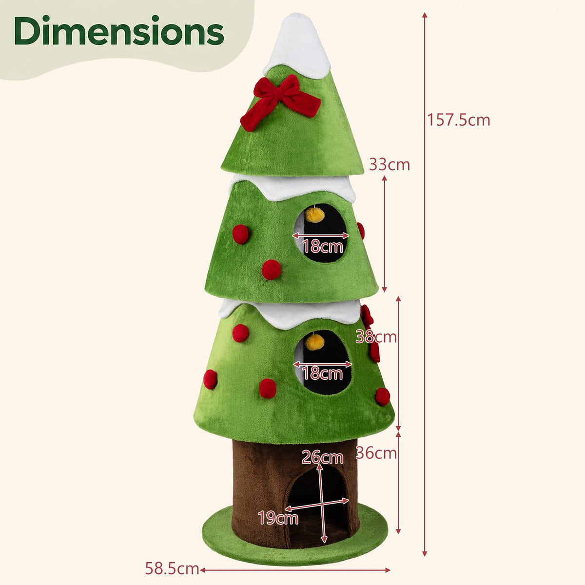 157.5 cm Christmas Cat Tree with 3 Cozy Condos and 2 Hanging Balls