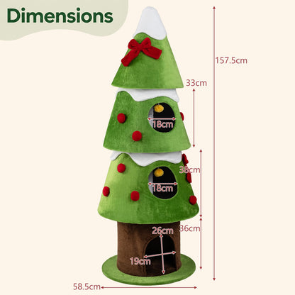 157.5 cm Christmas Cat Tree with 3 Cozy Condos and 2 Hanging Balls