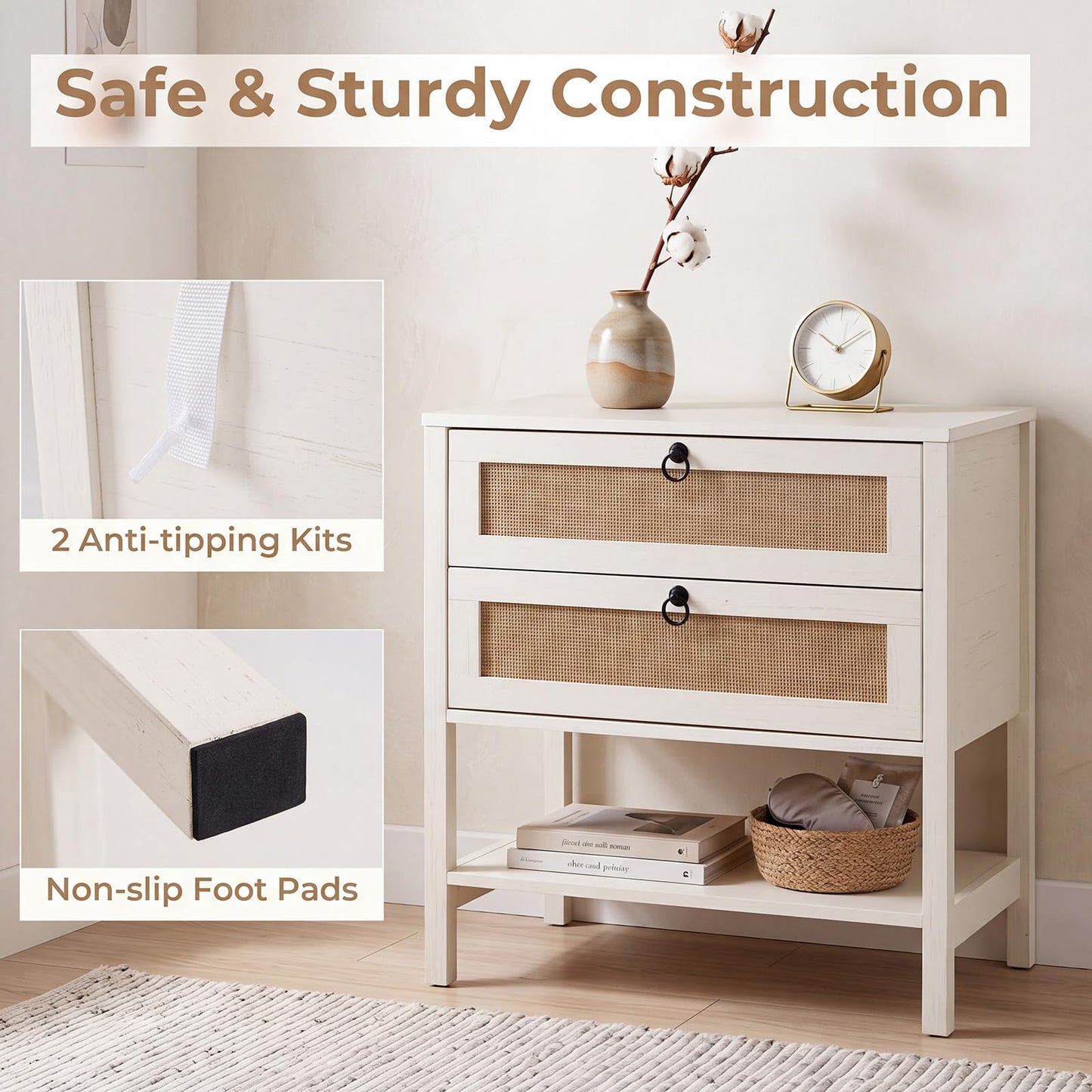 Rattan Bedside Table, Boho Nightstand with 2 Drawers