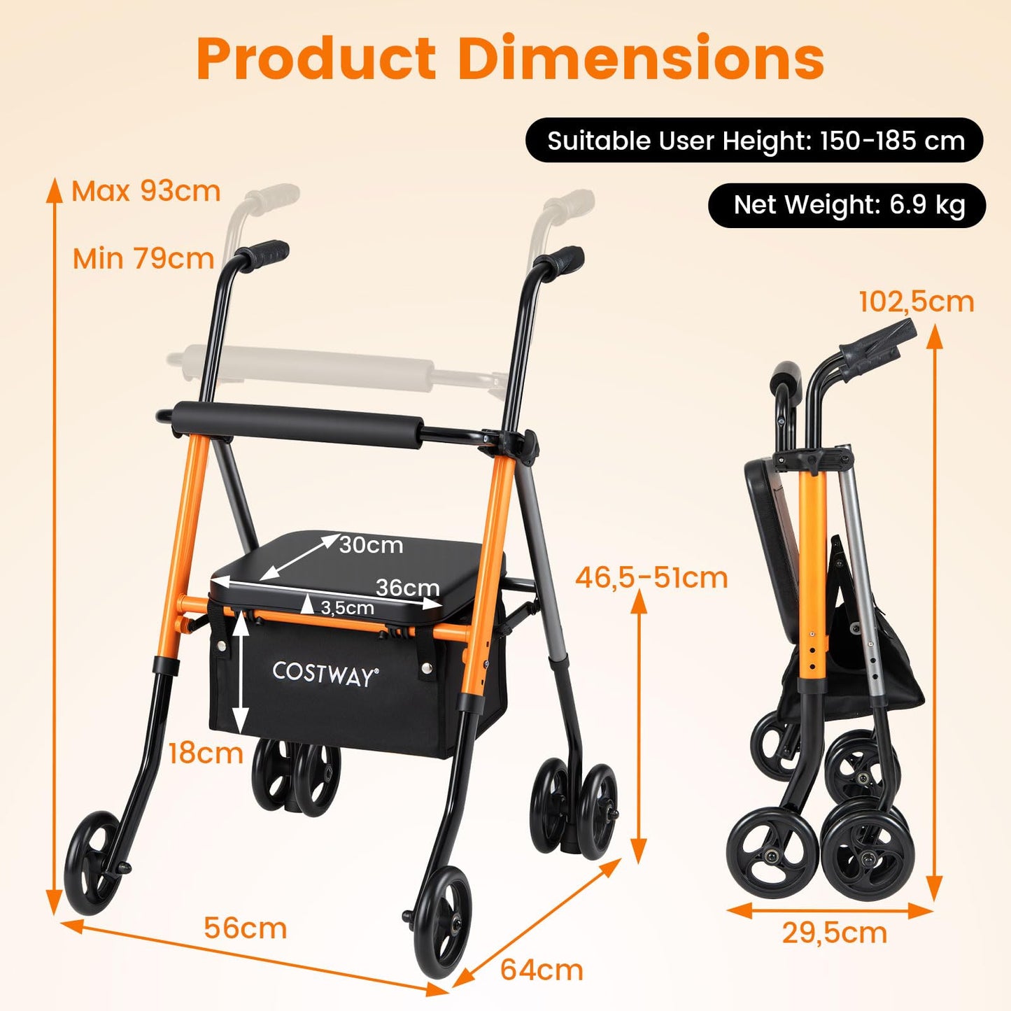 Adjustable Height Folding Lightweight Rollator Walker with Backrest