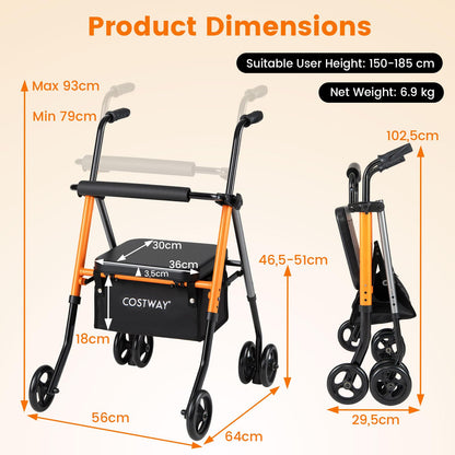 Adjustable Height Folding Lightweight Rollator Walker with Backrest