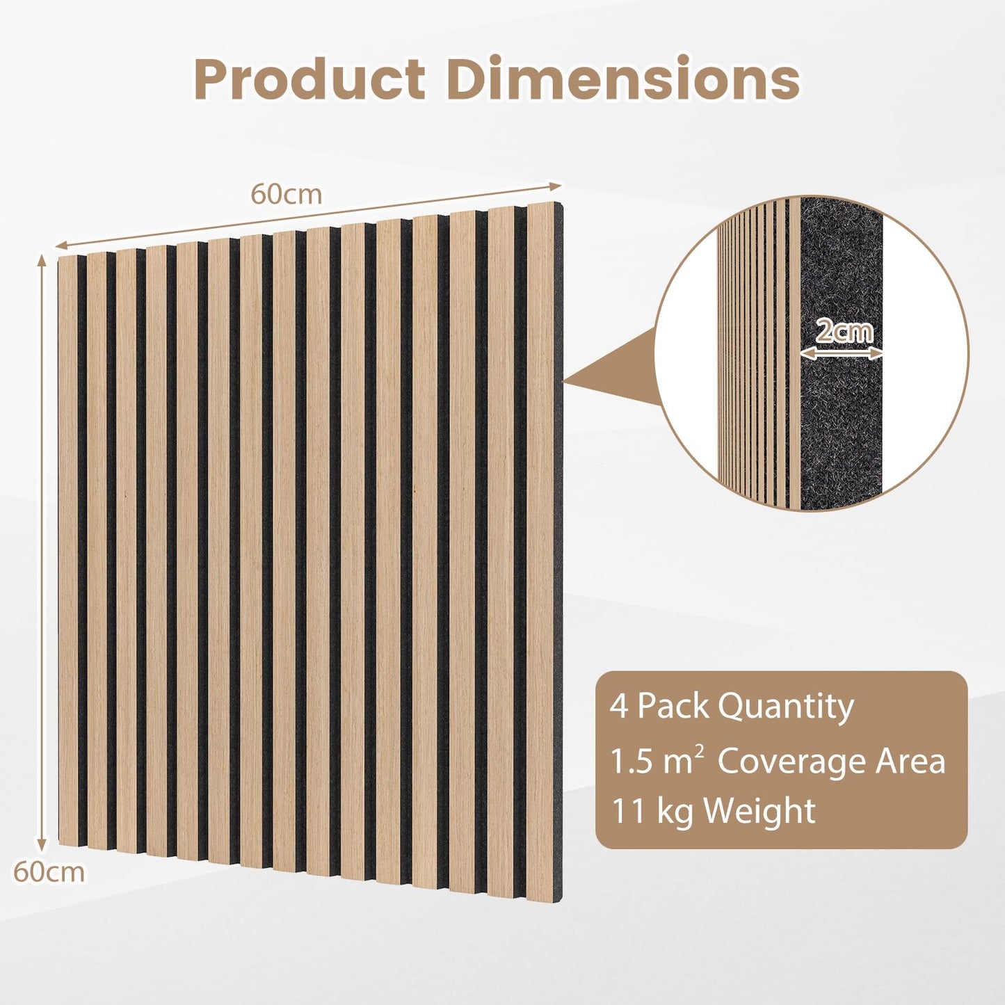 4 Pack Acoustic Panels for Walls 60 x 60 cm Sound Absorbing Panel with 15 Wooden Slats