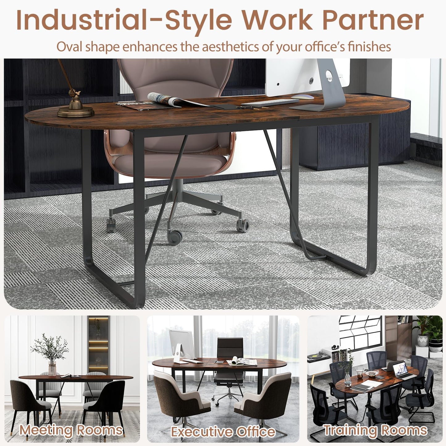 180 CM Executive Table Oval Home Office Table with Cable Management Hole