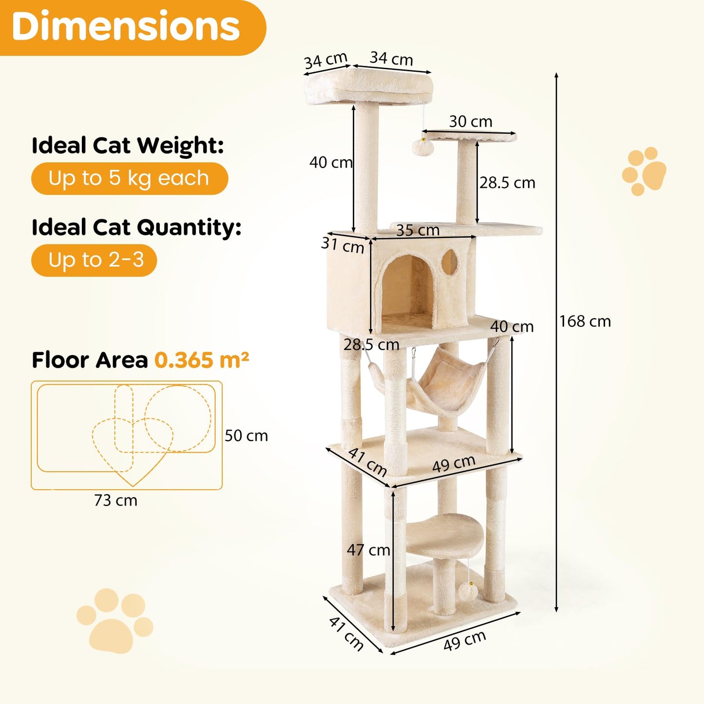 Cat Tree, 168cm Tall Modern Cats Tower with 2 Perches, Hammock, Condo
