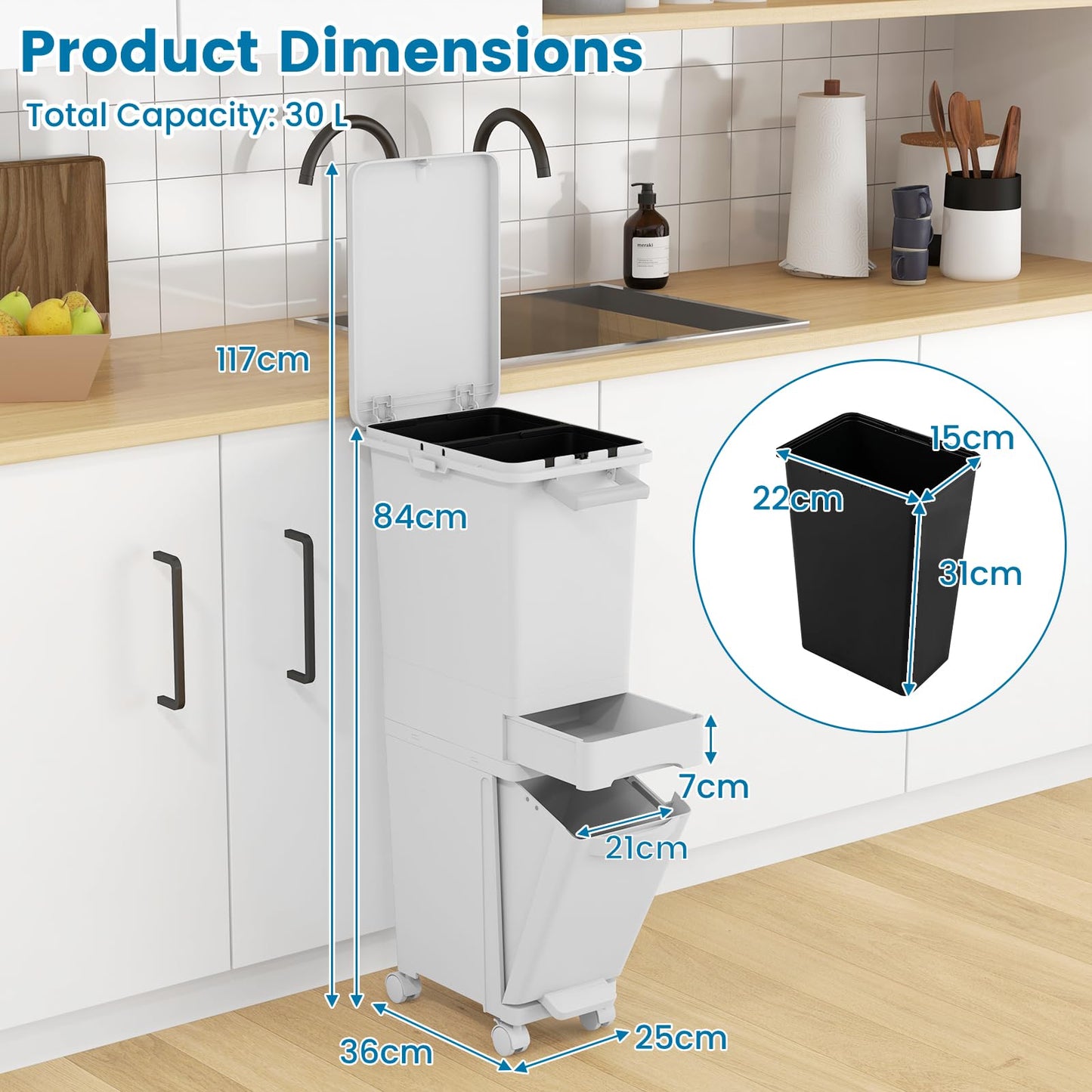 3 in 1 Recycling Bins for Kitchen Waste Separation Systerm with 3 Compartments