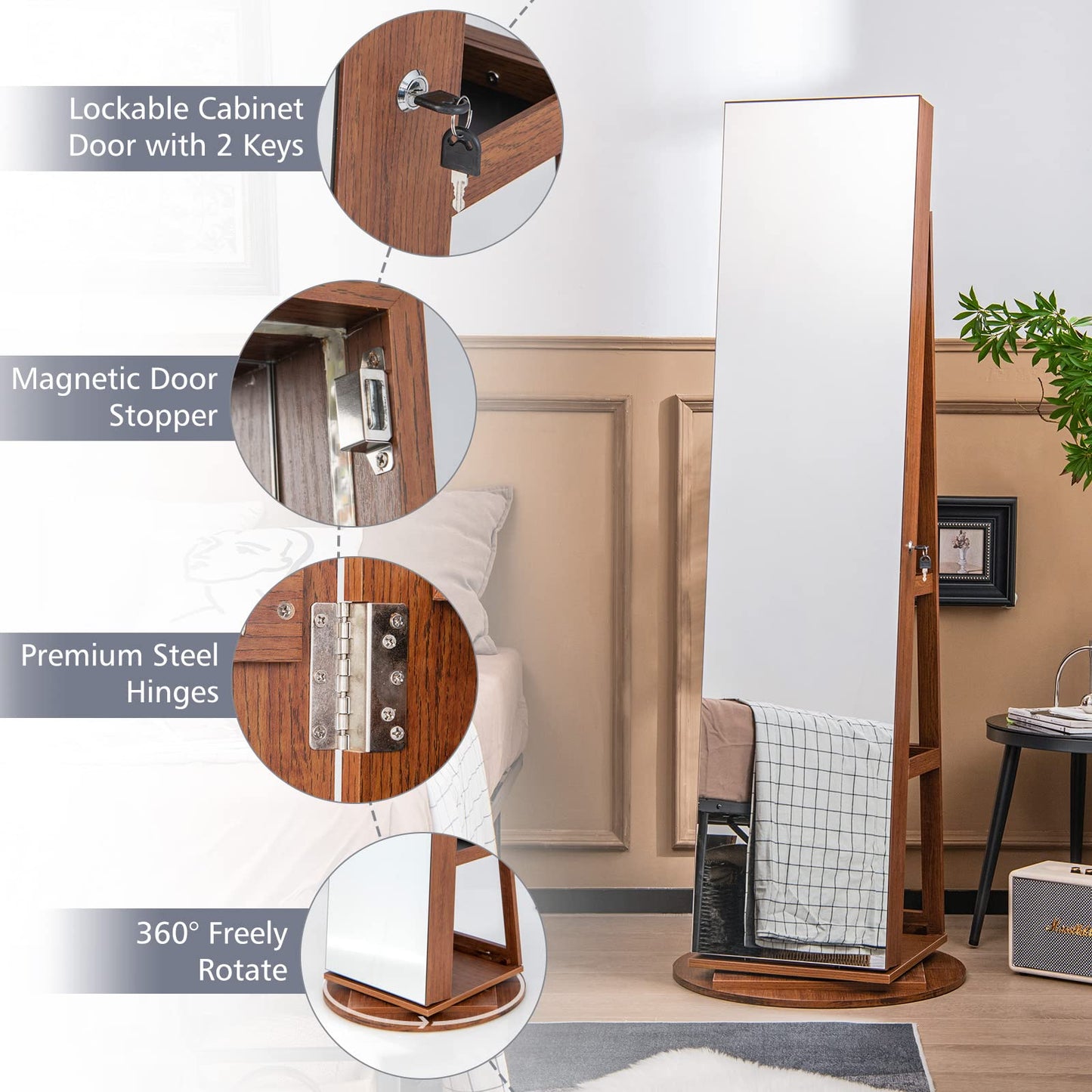 360 Degree Mirrored Jewelry Armoire with 3 Color Auto on LED Lights