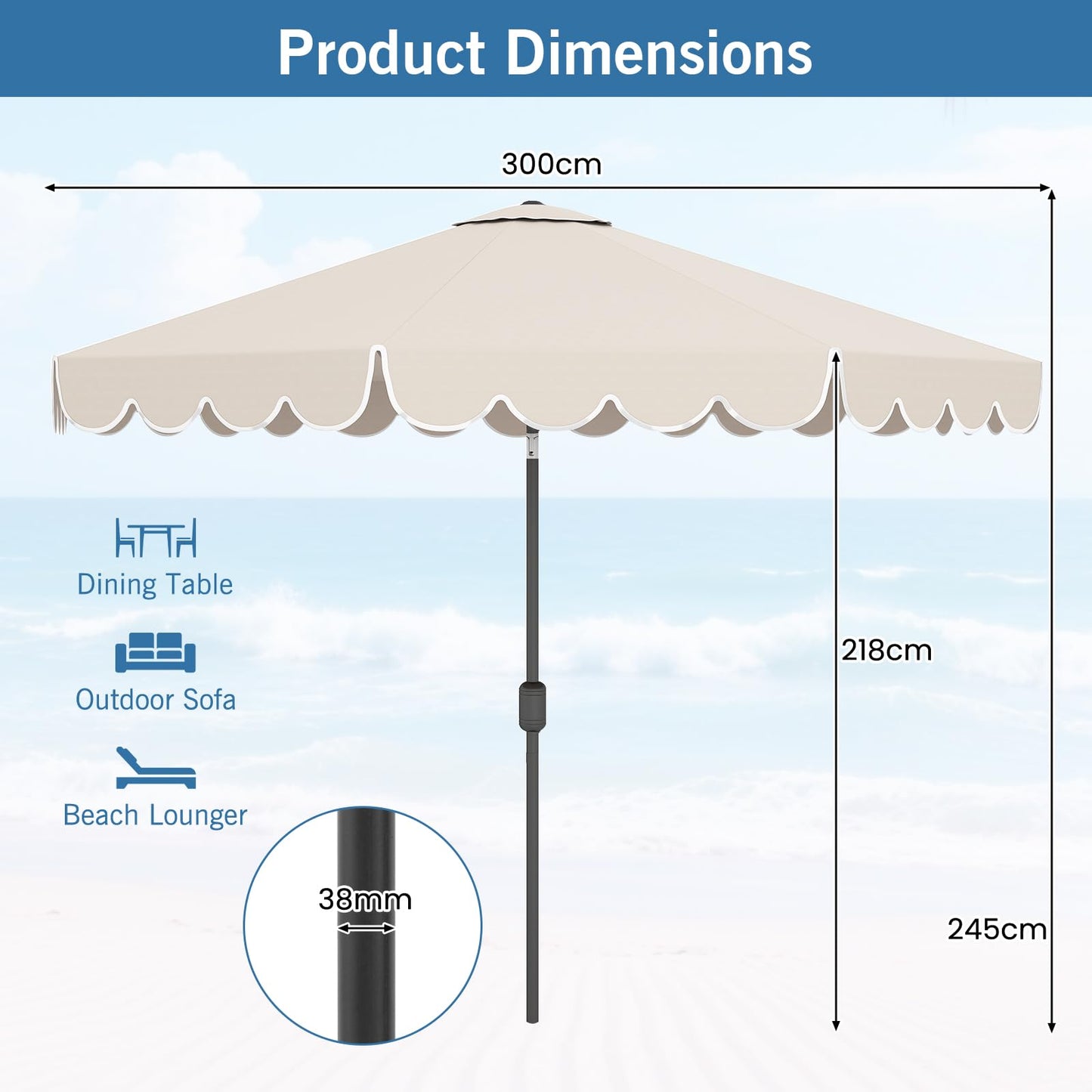 3M Garden Parasol, 8 Ribs Heavy-Duty Sun Shade Canopy