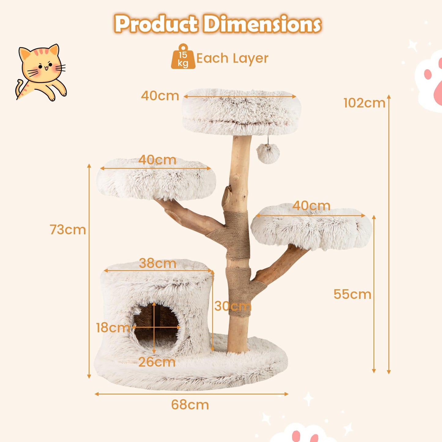 102 CM Tall Real Wood Branch Kitten Tower with Condo and 2 Flower Platforms