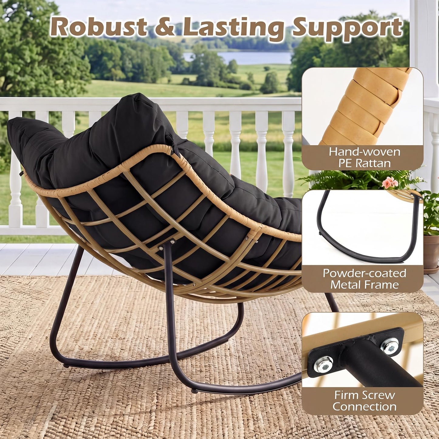 Outdoor Rocking Chair, Oversized Patio Wicker Egg Chair with Thick and Removable Cushion