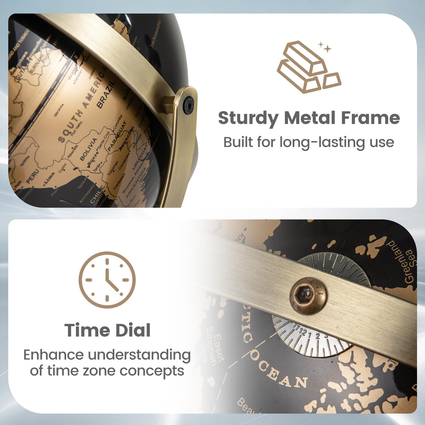 23CM Metallic Black World Globe with Metal Stand