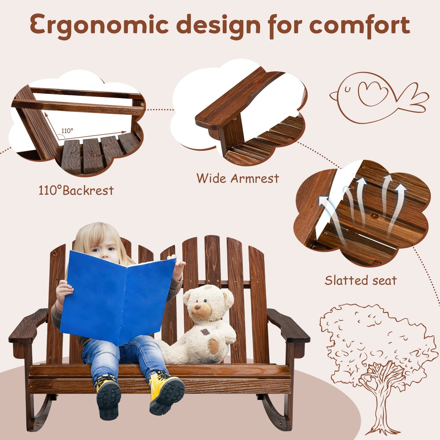 2 Person Outdoor Rocking Adirondack Chair Bench for Kids