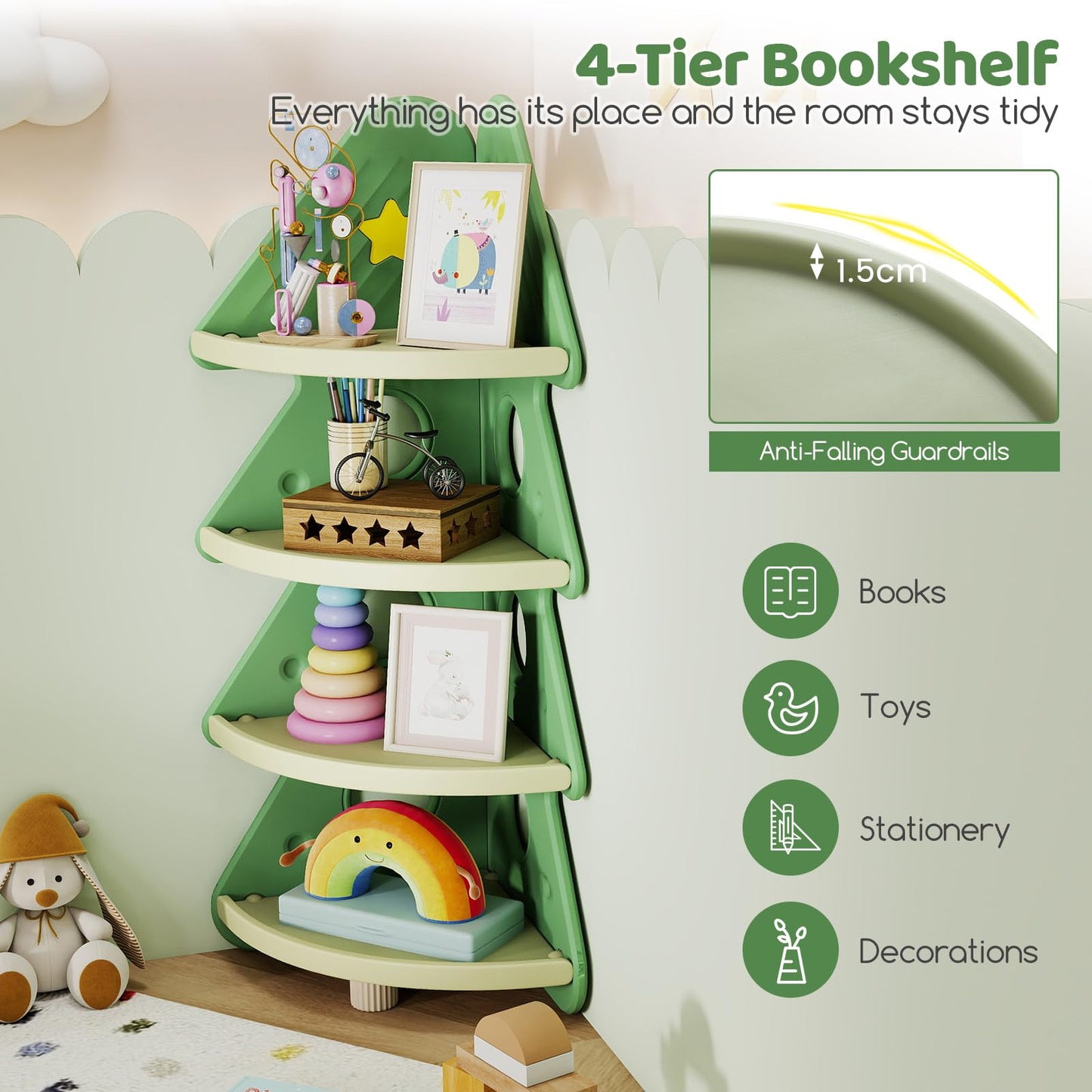 4-Tier Kids Corner Bookshelf for Kids Room and Nursery Playroom