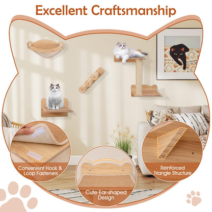 4pcs Wall Mounted Cat Tree with Hammock & Sisal Steps
