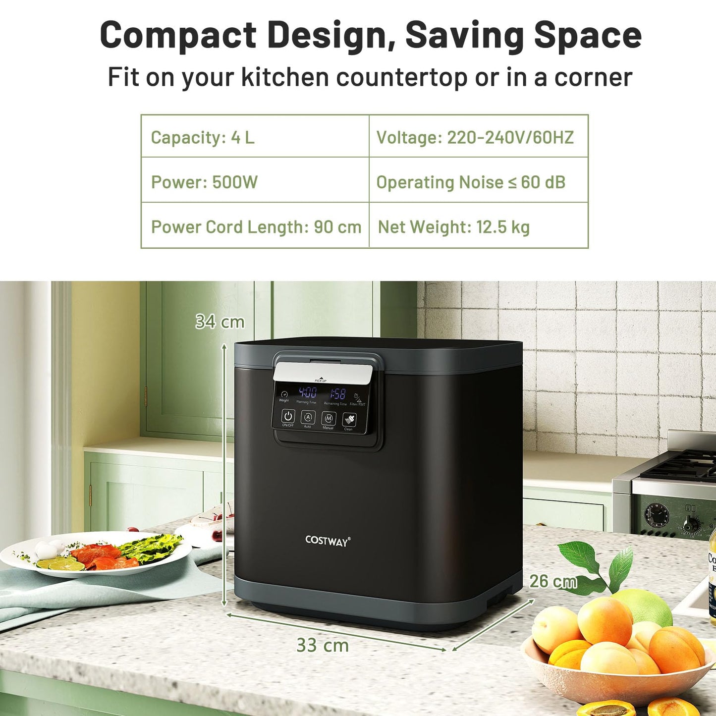 4L Electric Composter with Lid and Auto-Cleaning for Kitchen