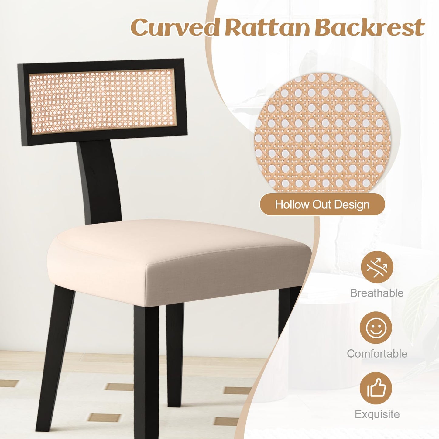 Dining Chair Set of 2, Linen Fabric Upholstered Kitchen Chairs