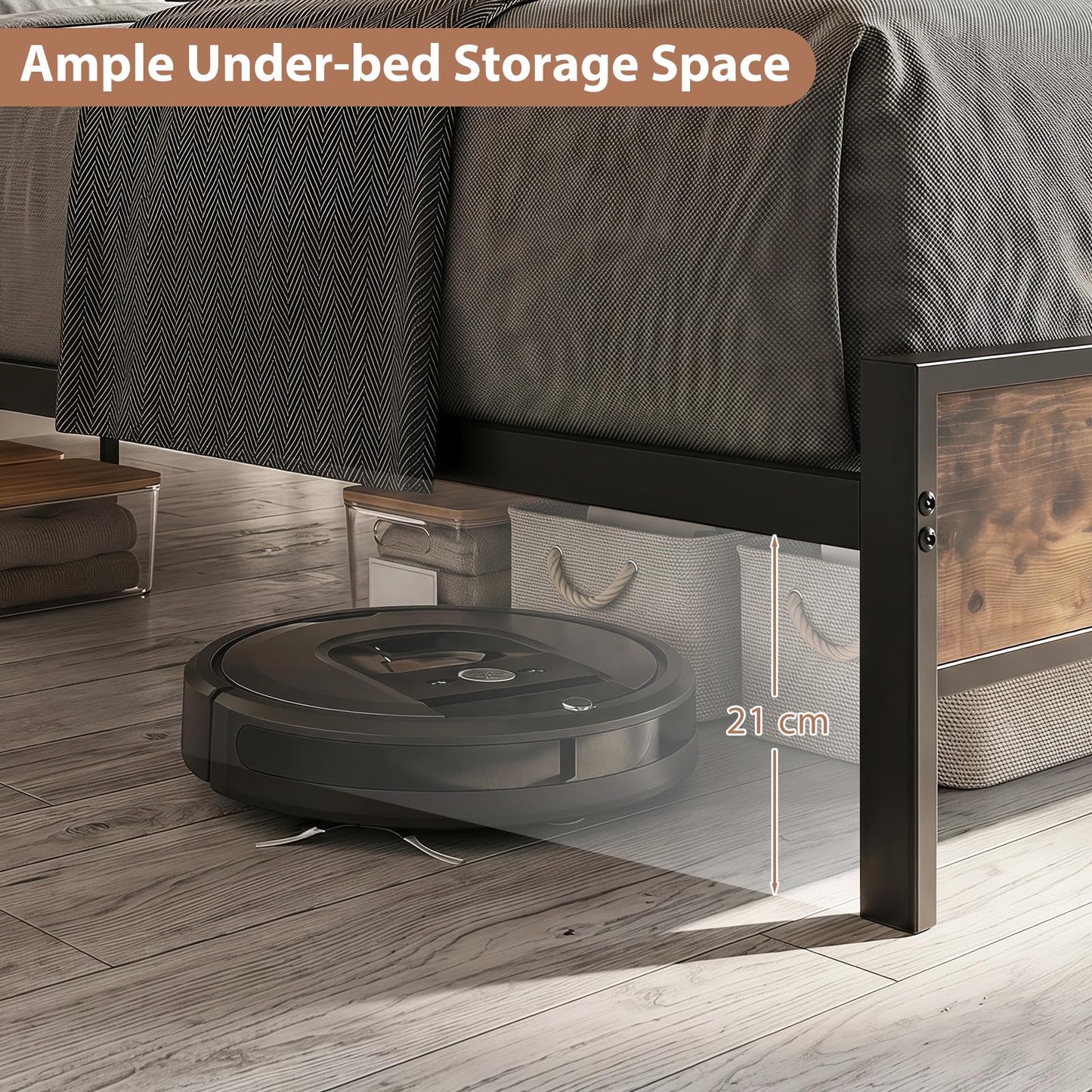 King Size Industrial Metal Platform Bed Frame with Charging Station and Storage Headboard