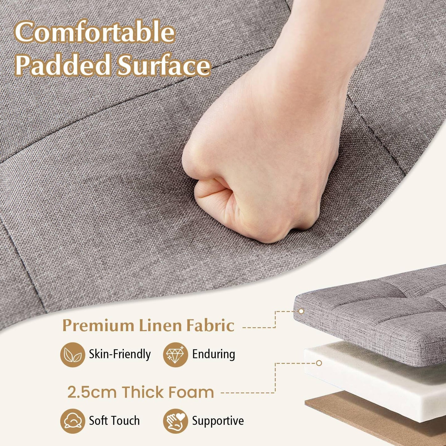 Ottoman with Storage Linen Fabric Footstool with Tray and Rubber Wood Legs