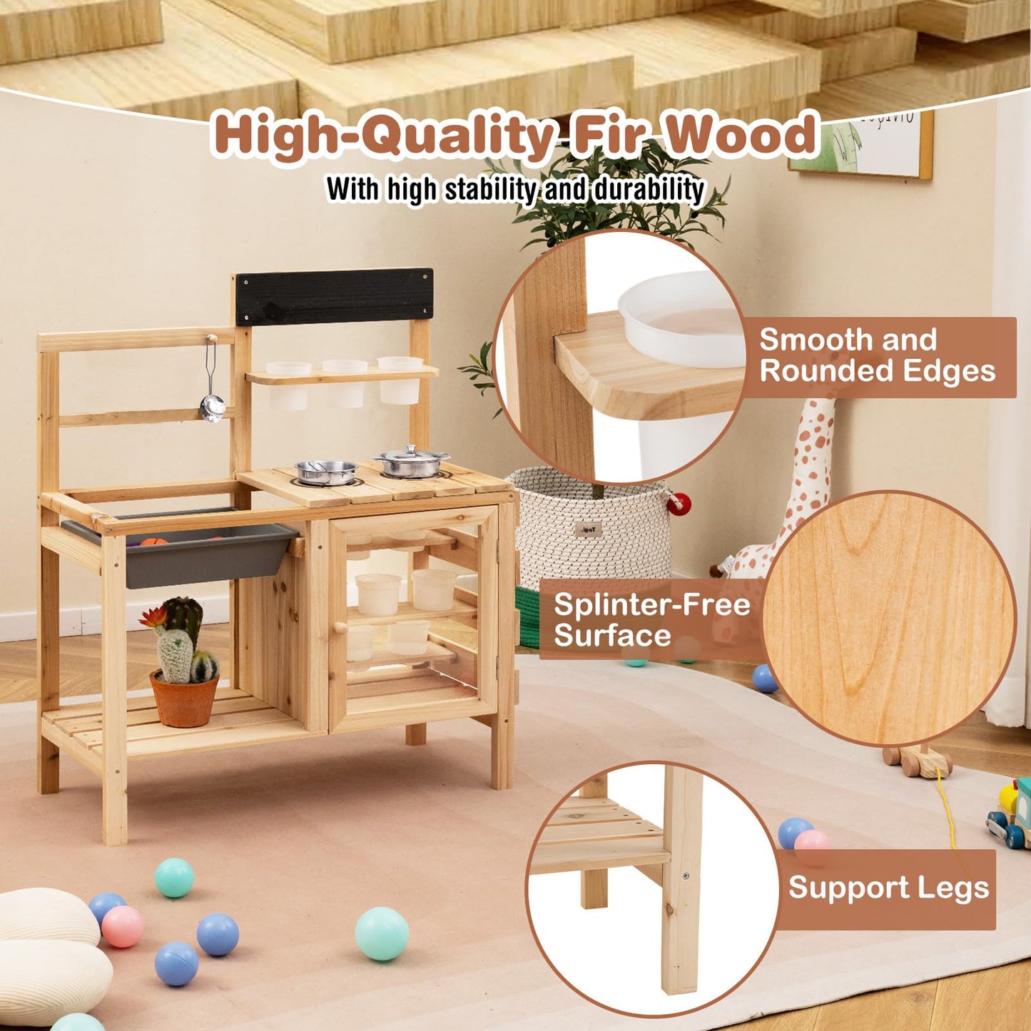 Patio Wooden Pretend Play Kitchen with Plants Observation Room for Kids Outdoor