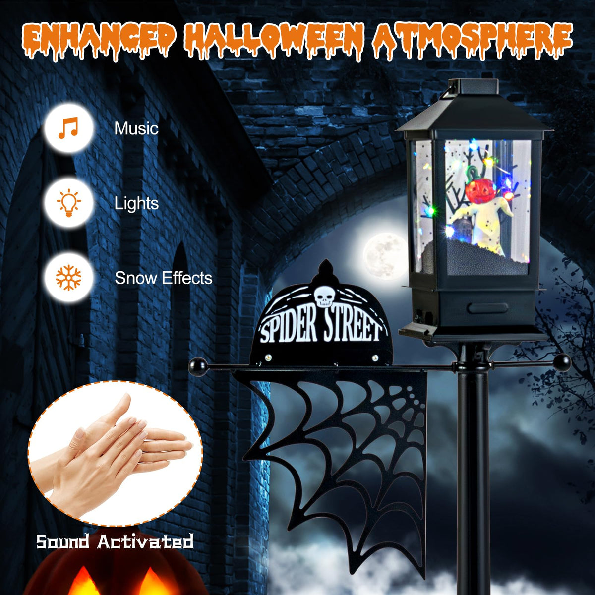 155 cm Halloween Lamp Post Sound-Activated with Black Snowy Effects