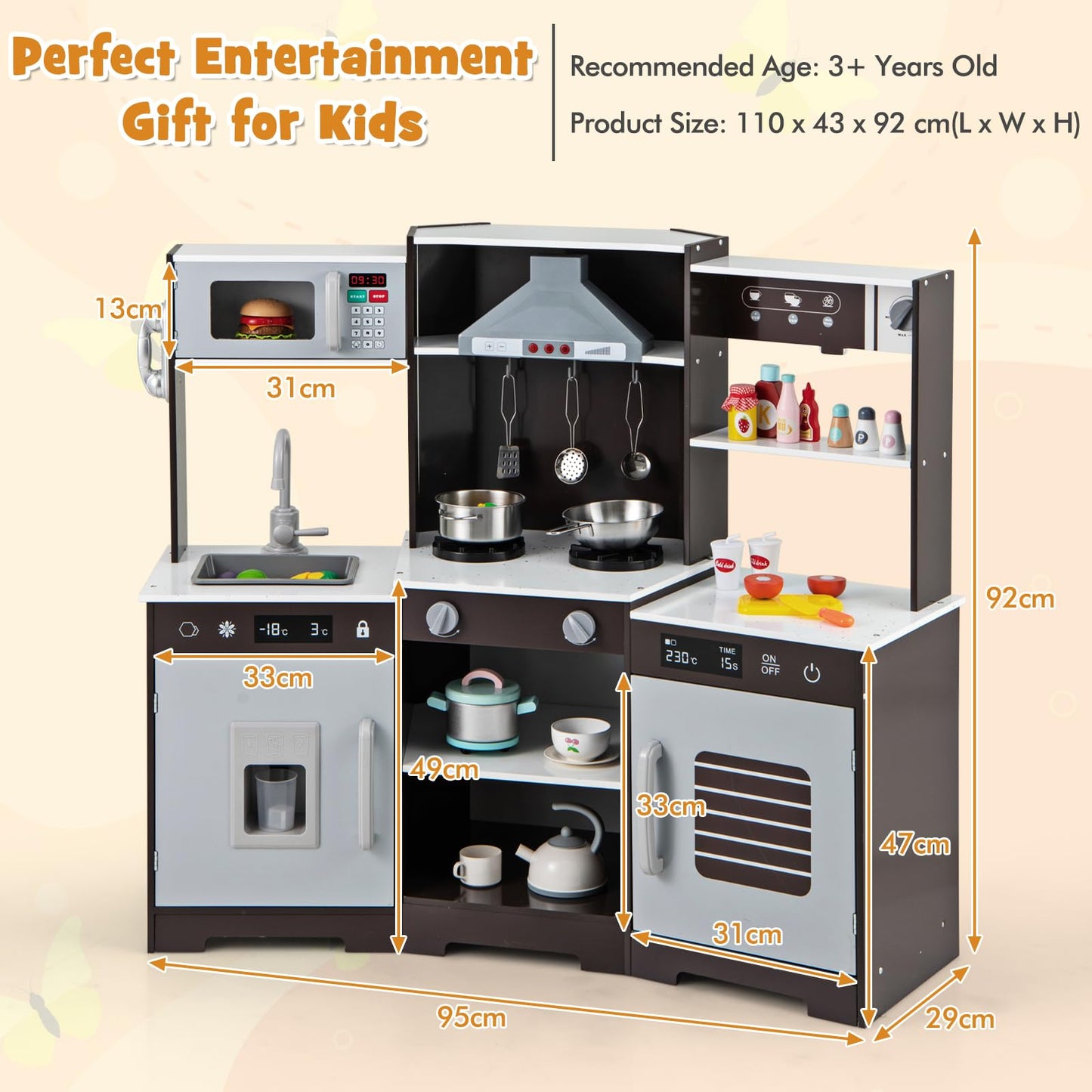 Wooden Pretend Play Kitchen with Real Sounds and Lights